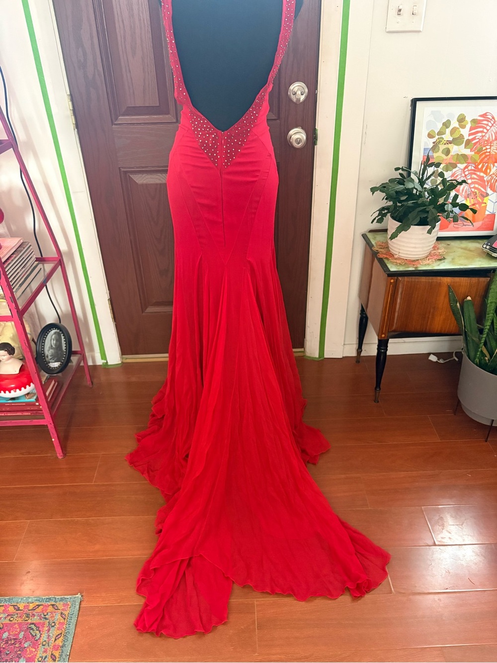 BCBGMaxAzria Red Backless Silk Evening Gown with Embellished V-Detail
